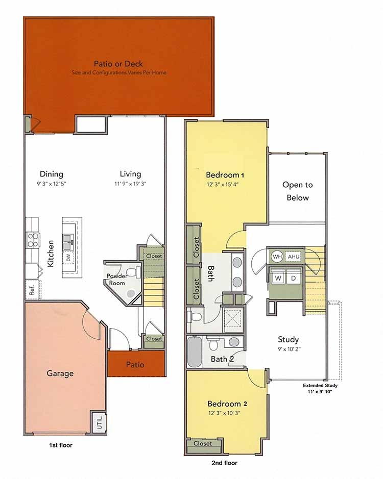 Floor plan for 2 beds, 2.5 baths, 1522 sqft